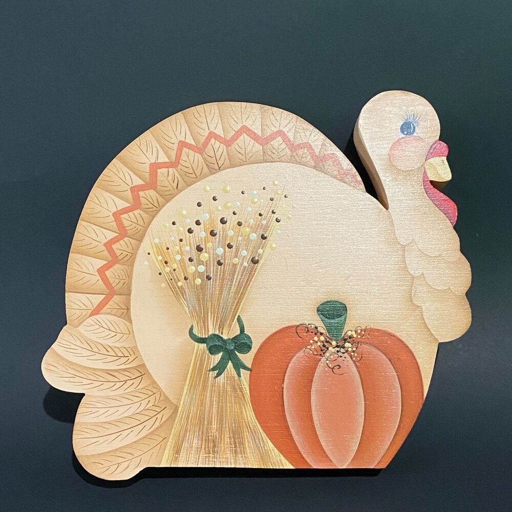 vintage Americana hand‎ painted wooden cookie jar lids/decor turkey fall pumpkin
